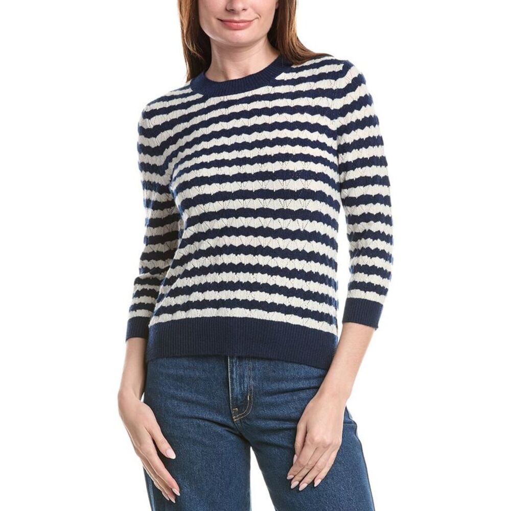 &Isla Womens  Kendall Pointelle Stripe Cashmere Sweater, Navy